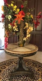 Elegant Entry Table w Koi Fish Pedestal and Granite Top, Over-the-Top Floral Centerpiece in Amber Glass Vase