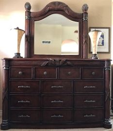 Master Bedroom Suite: 4-Poster Bed, Pair Over-sized Nightstands w Granite inlaid top, Dresser w Mirror and X-tra Tall (plenty of storage) Highboy.