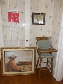 vintage high chair, peach artwork, railroad picture