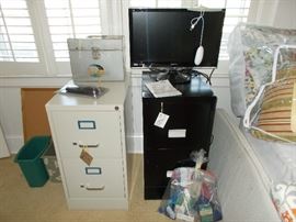 file cabinets, monitor, office supplies