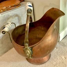 Vintage copper coal scuttle with ceramic handles