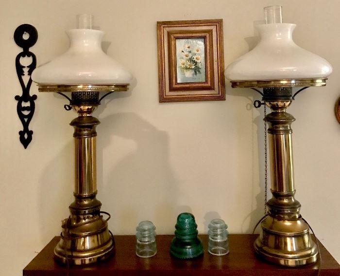 Vintage pair of brass table lamps with milk glass shades