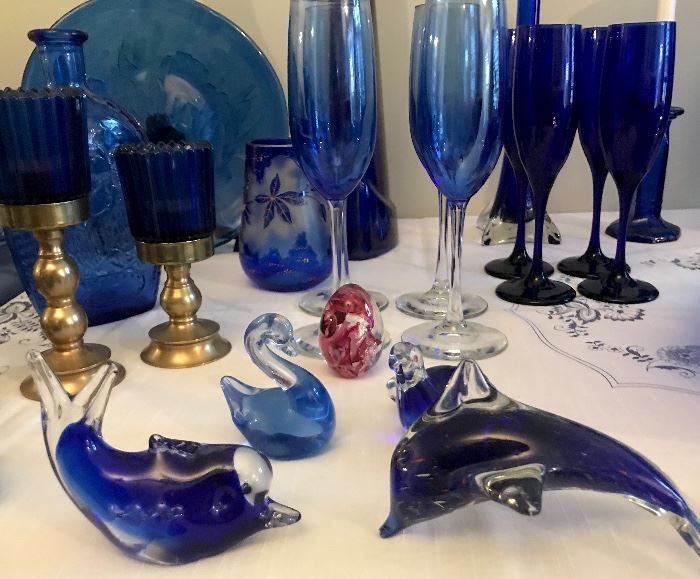 Large collection of cobalt blue glassware and objets d'art