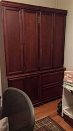 2 wooden cabinets side by side: top shelves, bottom left with shelves, right is filing cabinet