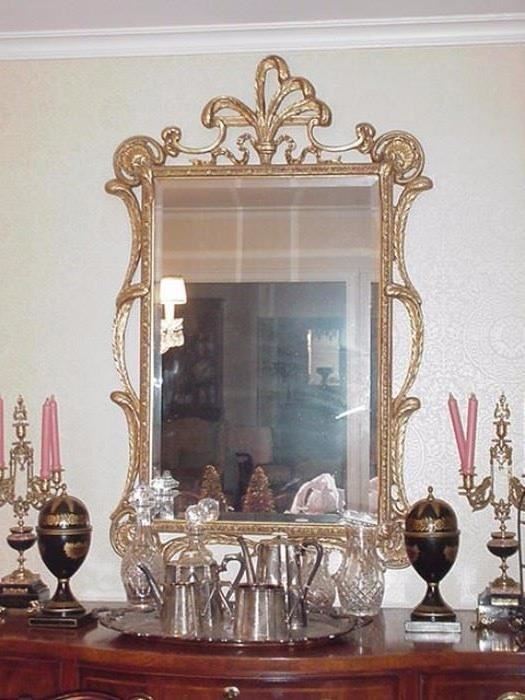 English silverplated teaset dated 1844;beveled gold leaf mirror, tole jars, marble base candlesticks