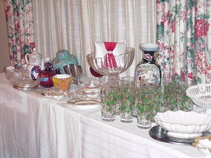 Glassware, Lenox porcelain, ginger jar, Asian vase, silverplate, and many more accessories and tabletop items