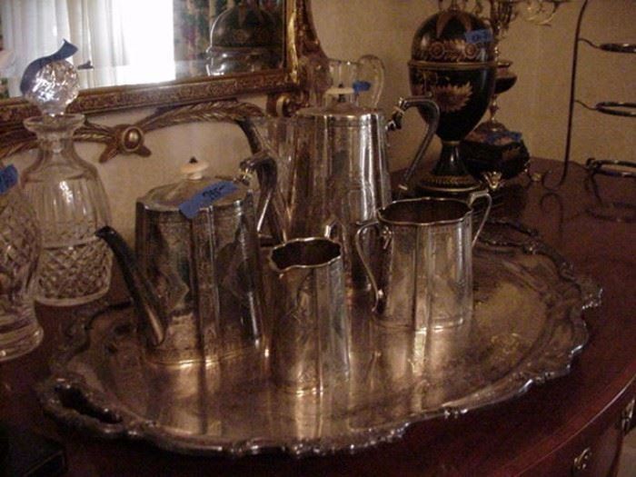 Silverplated teaset, English, 1944 registry marks; Waterford decanters