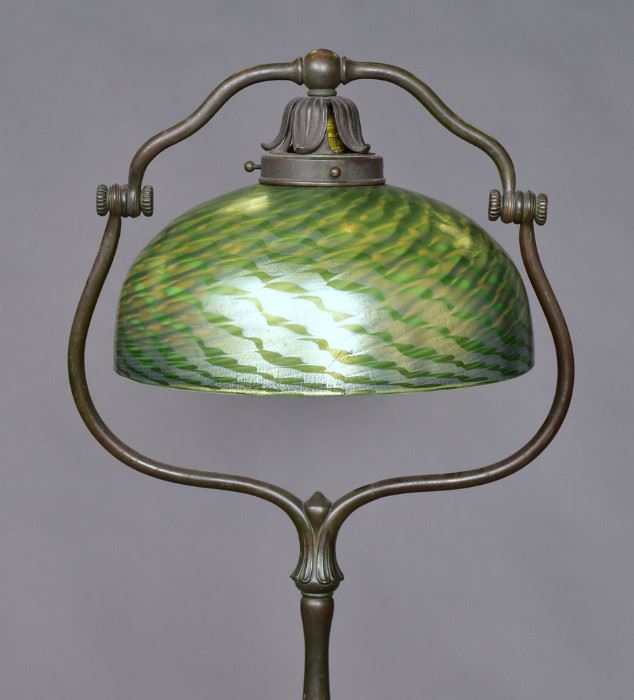 Tiffany Studios floor lamp with with Tiffany Favrile Damascene shade, excellent condition                                                                           bid today thru March 24th at www.fairfieldauction.com