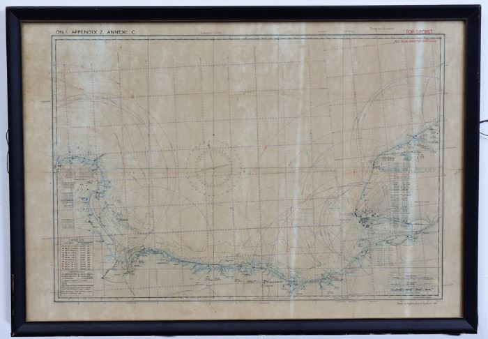 WW II D-Day Invasion Map
29 1/2" x 43 1/2" sight
with German gun emplacements
and ranges
labeled Top Secret upper right
dated April 14, 1944 lower right             bid today thru March 24th at www.fairfieldauction.com