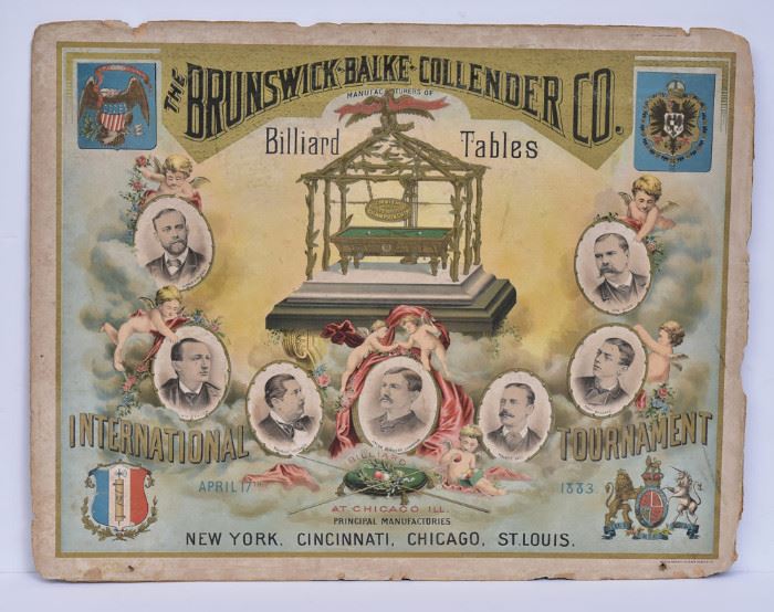 Rare Brunswick Balke Poster
for international pool tournament
20" x 26"
April 17, 1883
published by American Bank Note Co,
New York                                                      Bid today thru March 24th at www.fairfieldauction.com