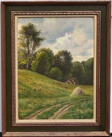 August Jacobsen Landscape With Haystack
20" x 14 1/2" oil on canvas
signed lower right                                                      Bid today thru March 24th at www.fairfieldauction.com