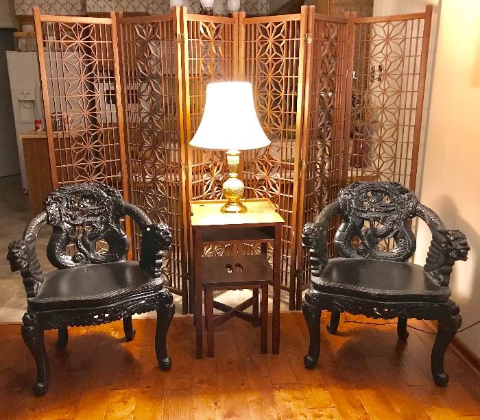 MCM Asian teak 6 panel screen, Asian carved dragon chairs, antique oak telephone table and seat