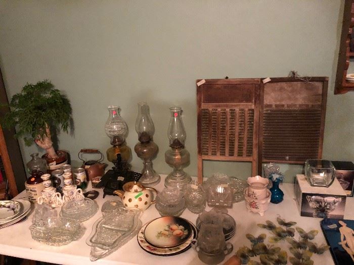 Vintage Hurricane Lamps, washboards, and fun antiques