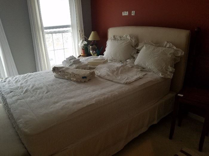  ( Mattress not for sale) QUEEN linen covered headboard, bedframe, boxspring- many lovely linens