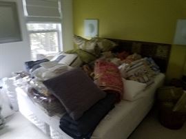 All sorted and tagged- Bedspreads, linens, coverlets, duvet/sham sets, feather beds, down comforters, nice & clean pillows