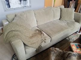 Contemporary grey sofa and loveseat, exposed wood feet