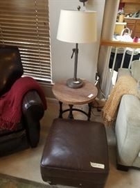 Leather ottoman - Restoration Hardware lamps, wood and metal tables