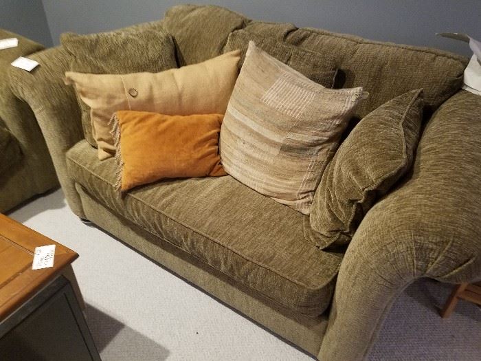 Moss green loveseat shown with additional linen pillows ( many more available)