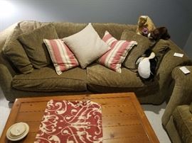 Moss colored 3 seater sofa, matching loveseat, MANY MANY decorator pillows from Restoration Hardware, Pottery Barn, crate & Barrel