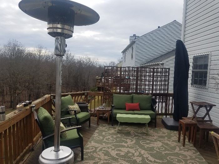 Metal loveseat and chairs sold individually, Smith & Hawken teak tables, commercial propane patio heater