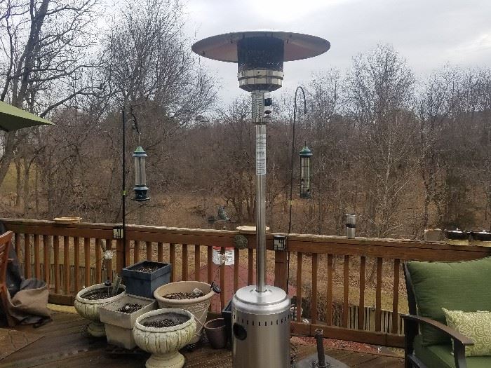 Patio heater, many large planters