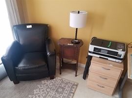 Black leather club chair, vintage smoke stand, 