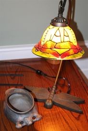 dragonfly lamp and signed native american pottery 