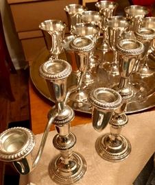 Sterling candelabras and goblets, tray