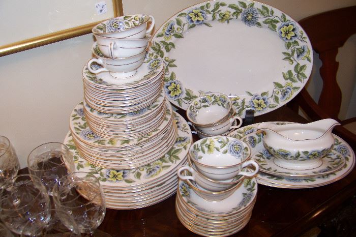 Castleton china, service for 8 including dinner plates, salad plates, bread and butter plates, berry bowls, cups and saucers, large platter, veg. bowl and gravy boat with undertray.  