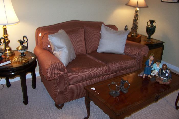 Very nice loveseat in excellent condition - mahogany coffee table and two Henredon tables