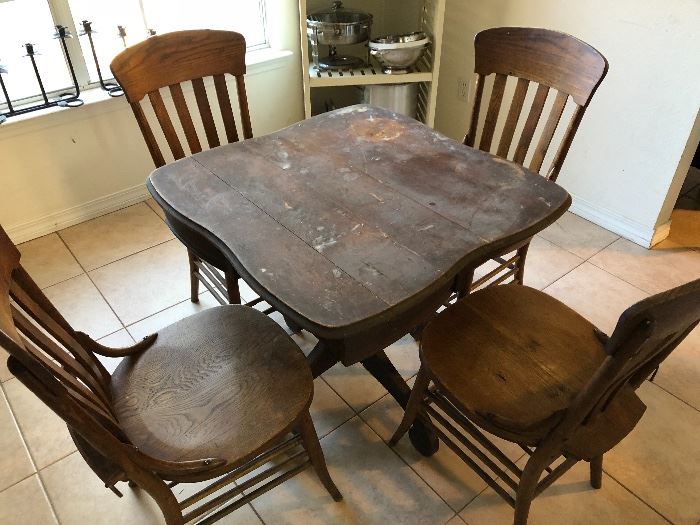 Antique, solid wood, game table with 4 game piece drawers. 
Old fashioned church pew chairs