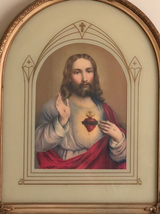 1930’s Sacred Heart Of Jesus print in reverse painted frame