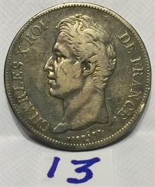 1827A France Silver 5 Francs King Charles X, Nice Details KM# 728.1
