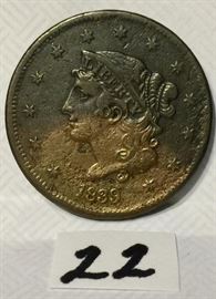 1839 Rare Coronet BOOBY HEAD Large Cent Key Variety