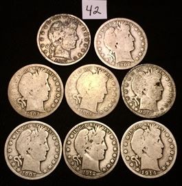 Barber Half Dollar 50C Lot of 8, 1897 to 1914 Good to Very Fine