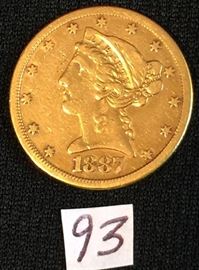 1887-S $5 Gold US Liberty Head Five Dollar