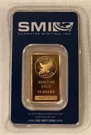 10 Gram .999 Gold Bullion Bar Sunshine Mint, Certified Assay & Original Sealed Packaging