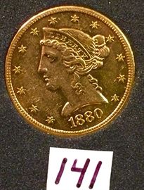 1880-S US Gold Liberty Head $5 Five Dollar, Key Date High Grade
