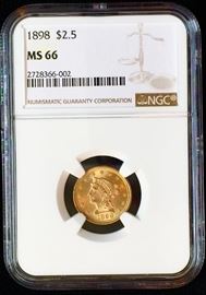 1898 US Liberty Head Gold $2.5 Dollar, NGC MS66 Rare High Grad