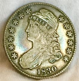 1830 Capped Bust Liberty Half Dollar 50C, VF+ Strong Detail & Beautiful Colors, Lettered Edge