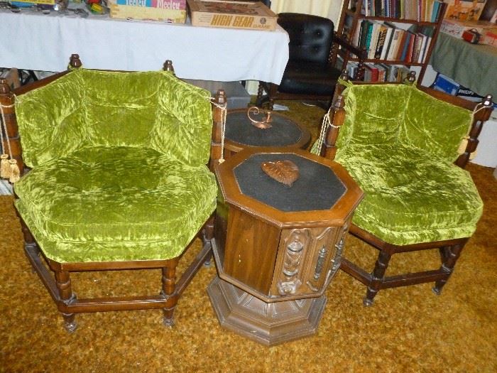 Unusual pair of vintage chairs & 2 slate top small tables
