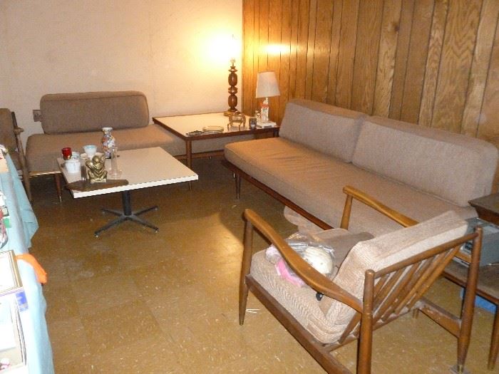  Late 50s RUBEE Sofa Lounge Set..the sofa  slides under the corner table to shorten, or can be full length to be a bed.  There are 2 sofas, 2 tables & 2 chairs (only 1 shown in pic)..very neat set!!