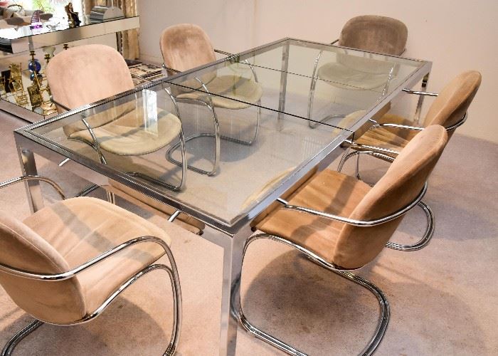 BUY IT NOW! Lot #102, MCM Chrome Dining Table w/ 6 Chairs & 2 Leaves, $1,000 (without leaves:  60" Lx 38" W x 27.5" H; each leaf adds another 20" L) 