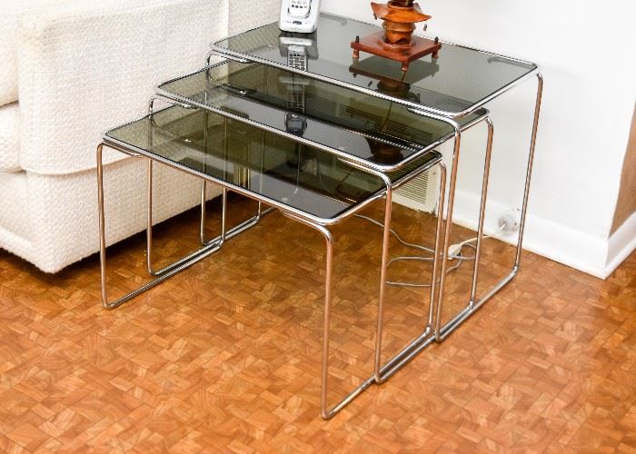 BUY IT NOW! Lot #104, MCM Chrome Nesting Tables with Smoky Glass, $300, (largest table is 25.25" L x 16" W x 21" H)