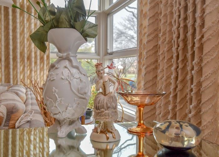 Ceramic Vase, Porcelain Figurine, Glass Pedestal Dish