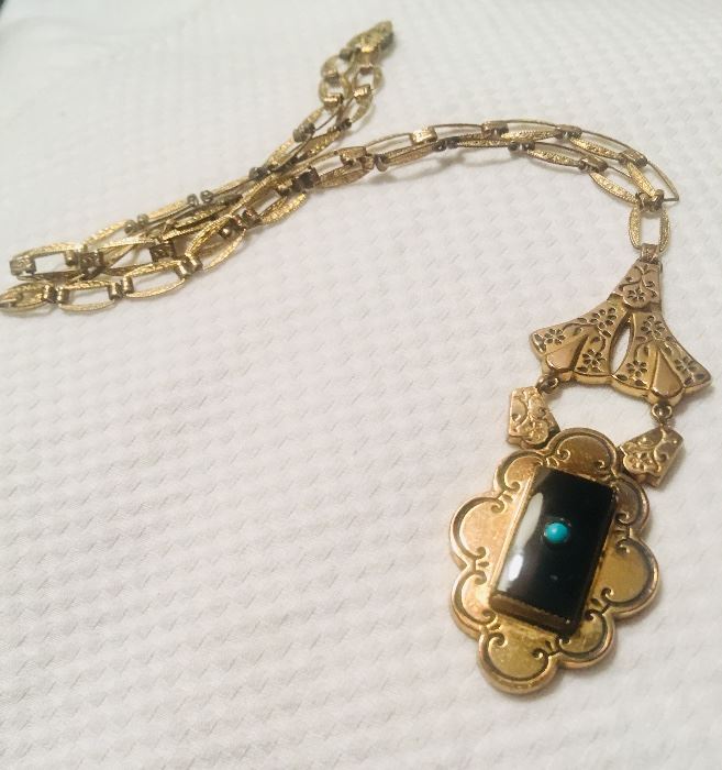 Deco gold-filled necklace with onyx and turquoise