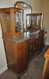 Antique mirrored buffet with curved glass and marble top