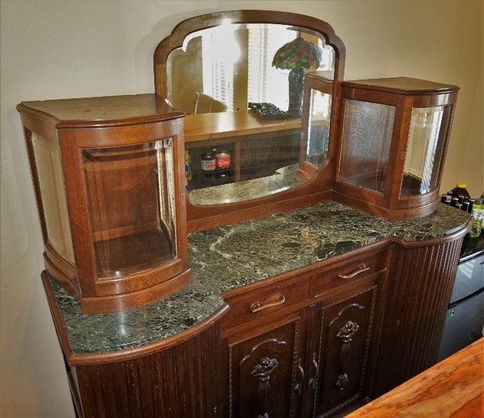 Antique mirrored buffet with curved glass and marble top
