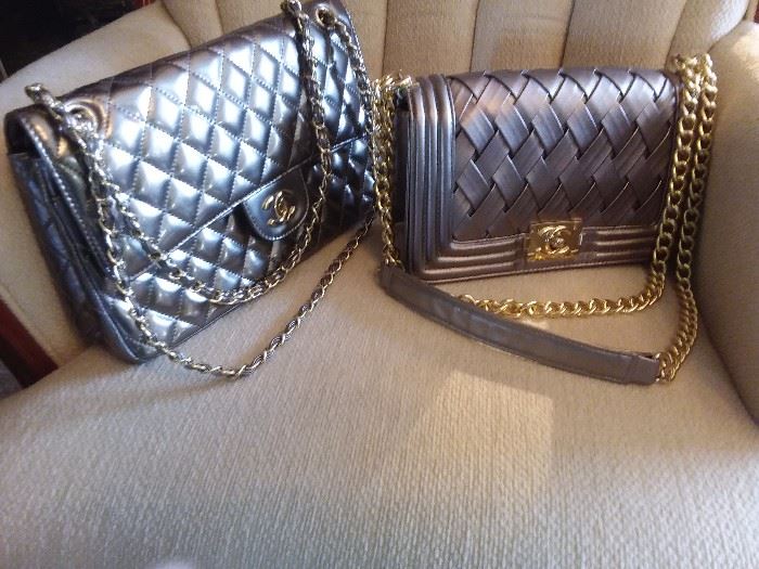 Auth CHANEL quilted CC double flap. Sold on ebay for $2100.00 up to $2600.00 & Auth CHANEL metallic cross body chain strap or shoulder bag. Vintage with some wear. Average sold on ebay $950.00