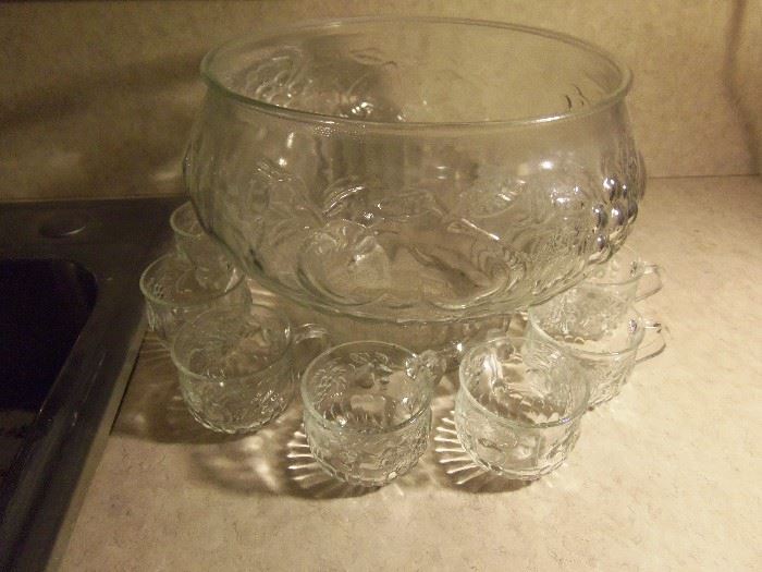 Vintage pressed glass punch bowl set
